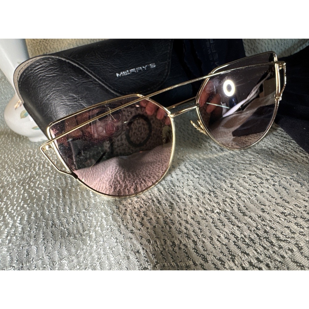 Merry's Gold Framed Cat Eye Sunglasses Rose Gold Mirrored Lens Hard. & Soft Case